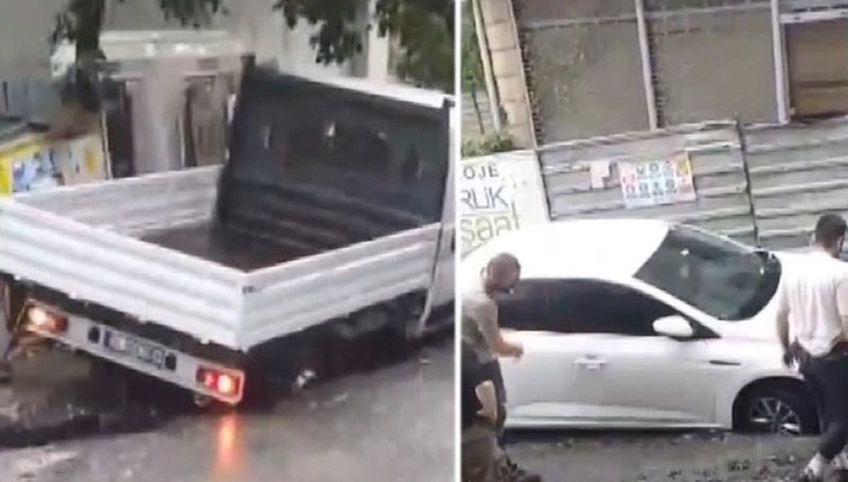 Sağanak yolu çökertti: İstanbul'da araçlar çukura düştü